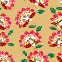 Ukrainian red flower embroidery seamless pattern on beige. Vector floral folk art 