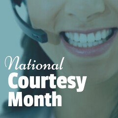 National courtesy month text with happy customer care executive wearing headset