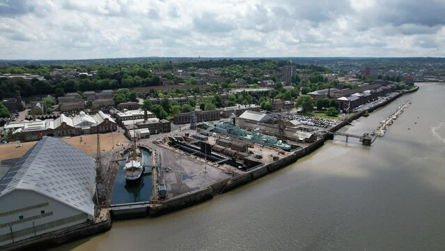 Historic Dockyard Chatham Kent UK pul back reverse drone aerial view