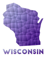 Map of Wisconsin. Low poly illustration of the us state. Purple geometric design. Polygonal vector illustration.
