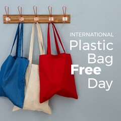 Digital composite image of colorful textile bags with international plastic bag free day text