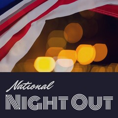 Digital composite of national night out text with flag of america and illuminated lens flare