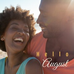 Composite of hello august text and close-up of happy african american mid adult couple on sunny day
