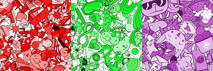 Set of Three Random Elements Background including Flower, Heart, Crown, Cloud, Lips, Mail, Diamond, Eyes. Hand Drawn. Cute Fashionable Patches. Wallpaper.