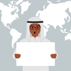 Screaming man holds and shows a white blank sheet, or a poster. Against the backdrop of the karate of the world.