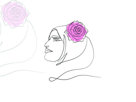 Beautiful women Hijab with rose portrait line art illustration 