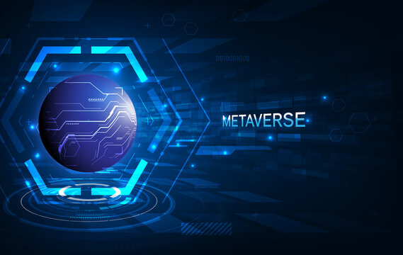 Metaverse, virtual reality, augmented reality and blockchain technology, user interface 3D experience. Word metaverse with world map globe in futuristic environment background.