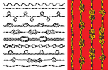 Knitted and Twisted ropes twines with nodes realistic color decorative border set isolated illustration