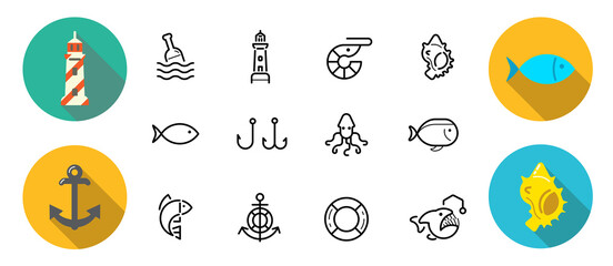 Fototapeta premium Set of Vector Sea Food Elements and Sea Signs Illustration can be used as Logo or Icon in premium quality