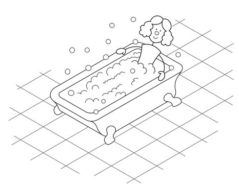 beauty day for a lady, cartoon stick figure taking a relaxing bath in a bathtub with bubbles. you can print it on standard 8.5x11 inch paper