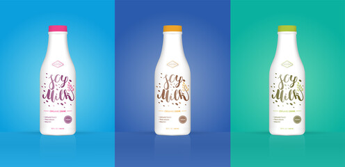 Set of Soy Milk Bottle with Colorful Background. Healthy Organic Product Made of Soy Beans. Vector Illustration. Advertising Template. Print.