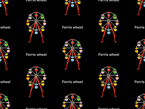 Ferris wheel cartoon character seamless pattern on black background. Pixel style.