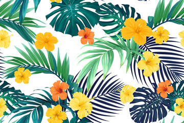 Seamless hand drawn tropical vector pattern with bright hibiscus flowers and exotic palm leaves. - 506665324