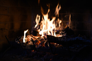 Fire in the fireplace autumn vacation cozy home