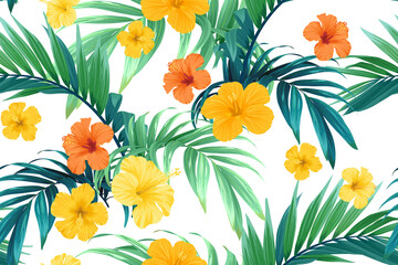Seamless hand drawn tropical vector pattern with bright hibiscus flowers and exotic palm leaves. © Ms.Moloko