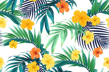 Seamless hand drawn tropical vector pattern with bright hibiscus flowers and exotic palm leaves.