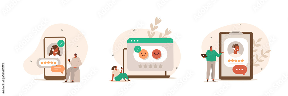Wall mural customer feedback and user experience illustration set. characters giving review to customer service