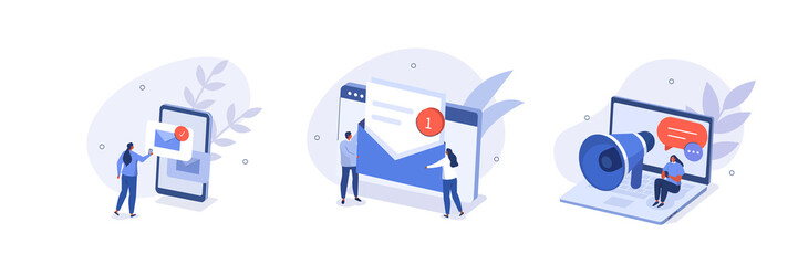 Email promotion illustration set. Characters planning marketing strategy and sending advertising mails and promotional offers with sales and discounts. Ecommerce business concept. Vector illustration.
