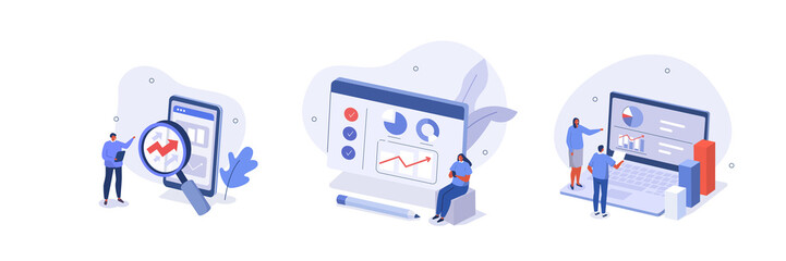 
Marketing data analyzing illustration set. Characters working with data visualization, analyzing graph, charts and planning marketing strategy to achieve business goals. Vector illustration.