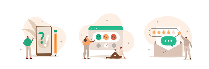 Feedback and review illustration set. Characters giving positive feedback to helpdesk service. Rating scale and customer satisfaction concept. Vector illustration. - obrazy, fototapety, plakaty