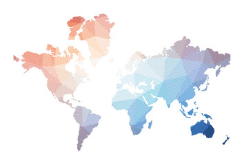 Map of The World. Low poly illustration of the world. Geometric design with stripes. Technology, internet, network concept. Vector illustration.