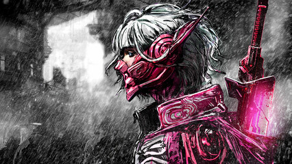 A charming cyborg girl with white square hair and blue techno eyes looks sadly into infinity in the middle of a gray metropolis. She's wearing a pink mask and a glowing sword on her back. 2d comic art