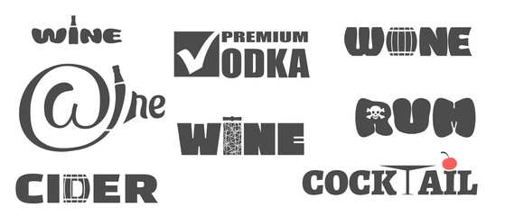 Various types of alcohol emblems design collection. Typography concept for vineyard. Abstract winery sign.