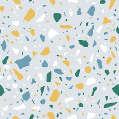 Vector Terrazzo seamless pattern. Abstract italian flooring stone, concrete multicolor small elements texture on blue background. Granite natural textured print for home interior design, fabric.