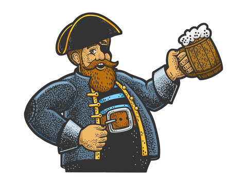Fat pirate with a mug of beer color sketch engraving vector illustration. T-shirt apparel print design. Scratch board imitation. Black and white hand drawn image.