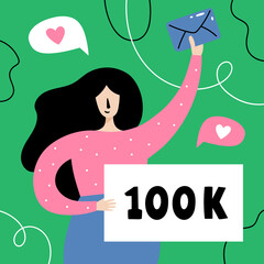 Blogger girl with large number of followers on social media. Happy influencer celebrate thousands subscribers. Cute vector illustration.
