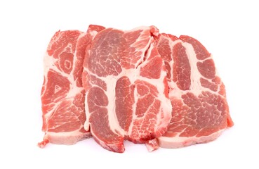 Uncooked slices of pork neck on white background..
