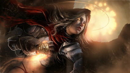 A beautiful touching girl with a cute Asian face, she is a black angel with golden hair in a hood, she presses a fist with soul sand to her chest, her face is scarred and golden tears. 3d rendering © warmtail