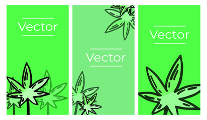 Cannabis leaf sketch vector set of illustrations. Cbd edibles, beauty cream hemp oil hand drawn vertical background. Green media banner