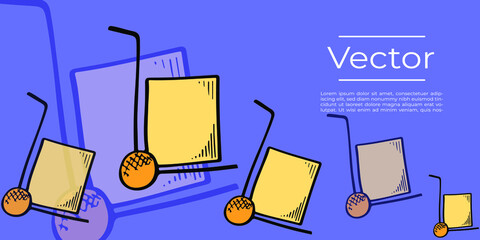 Shipment package box on the wheel sketch vector illustration. Delivery service hand drawn square background. Transportation business media banner