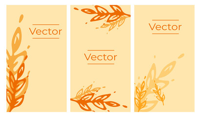 Fototapeta na wymiar Wheat fields set of vector illustrations. Cereals food crisis hand drawn vertical background. Fram ranch media banner
