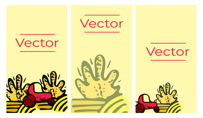 Farm field with a tractor machine set of vector illustrations. Harvest season hand drawn vertical background. Agricultural media banner