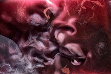Black and red ink background, colorful fog, abstract swirling ocean, acrylic paint pigment...