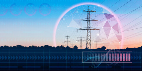 High voltage power lines in neon glow for design on theme of energy industry. Transmission and...