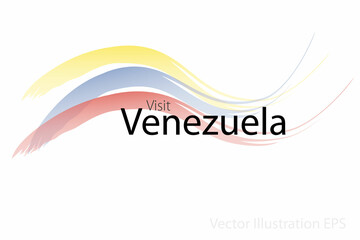 the slogan visit Venezuela with curved waves in watercolor style which are in the colors of the national flag. Vector Illustration
