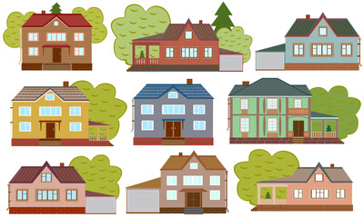 A group of houses is suitable for advertising a real estate agency, sale or rental. A set of beautiful houses will decorate your design. Vector illustration isolated on white background. - 506667900