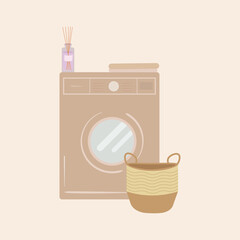 Washing machine and laundry basket flat illustration.