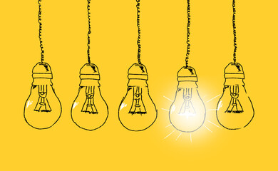 Set of light bulbs hand drawn on a yellow background. Concept of unique thinking. Idea concept.