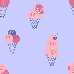 Hand drawn ice cream summer seamless pattern. Perfect for T-shirt, textile and print. Sweet food vector illustration for decor and design.