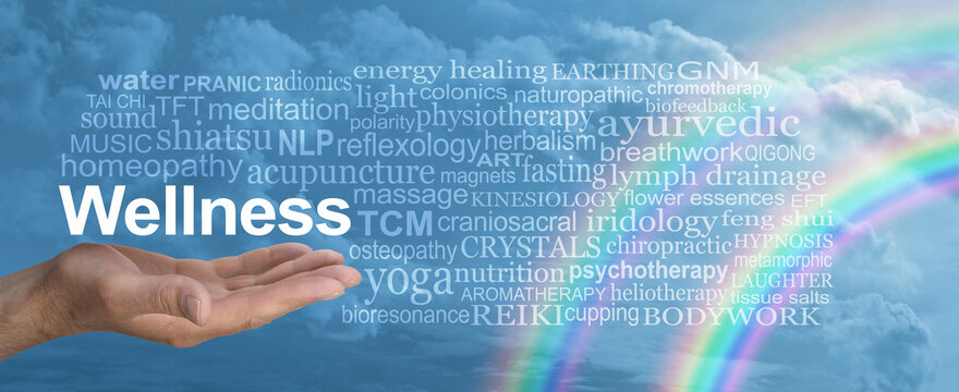 Words associated with WELLNESS Double Rainbow Sky banner wall art - male hand with the word wellness floating above surrounded by a relevant word tag cloud on a double rainbow an blue sky background 
