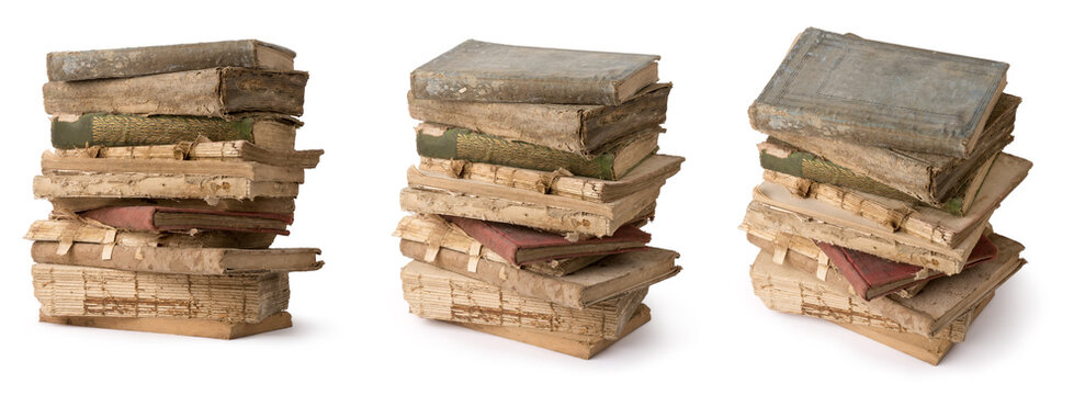 Isolated old books. Open book with empty pages, stack of old books