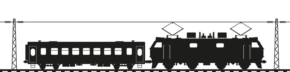 Electric locomotive with passenger car. Train silhouette. Flat vector illustration isolated on white background.