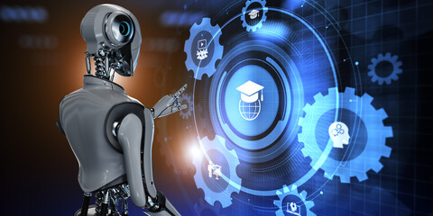 E-learning EdTech education technology concept. Robot pressing button on screen 3d render.
