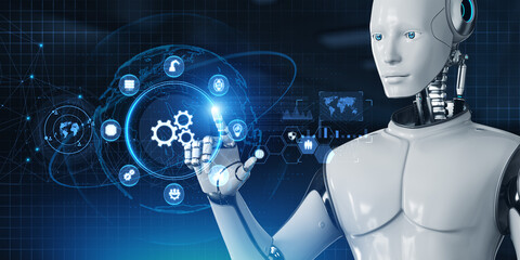 Fototapeta premium Gears Business industrial process workflow robotic automation RPA. Robot pressing button on screen 3d render.
