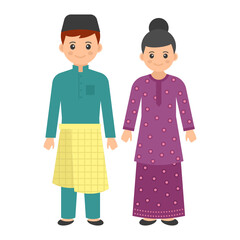 Malaysian Couple Standing together Concept, Baju Kurung Costume vector color icon design, World Indigenous Peoples symbol, characters in casual clothes Sign, traditional dress stock illustration