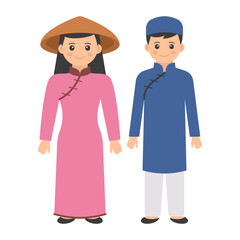Vietnamese couple standing together Concept, Women in silk tunic with pants worn Man in ao dai with tet vector color icon design, World Indigenous Peoples symbol, characters in casual clothes Sign